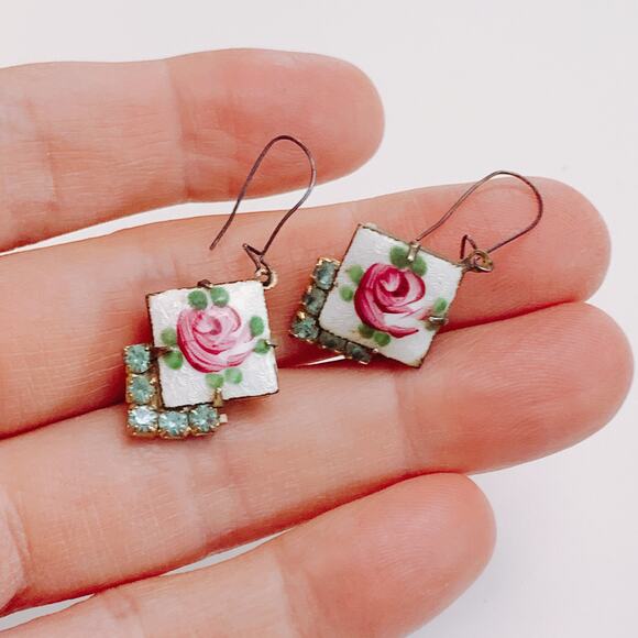 VTG 1950s Enamel Earrings Reverse Painted Guilloché Rose Aqua-Blue Rhinestones - Picture 4 of 12